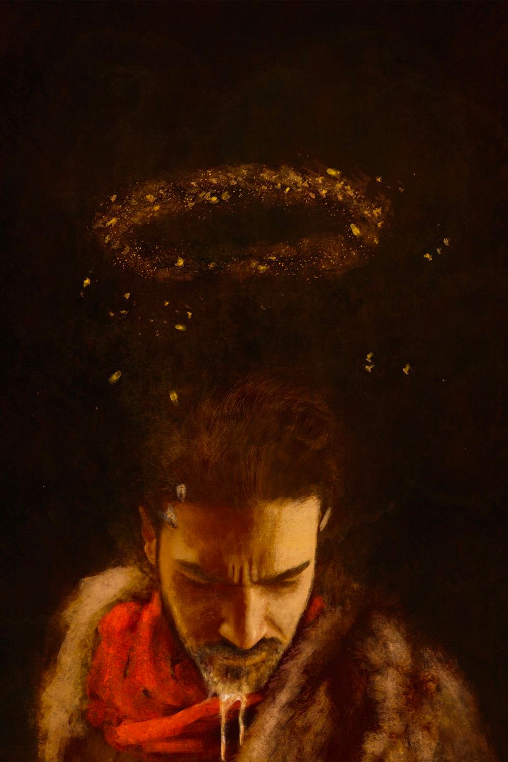 A man with a red scarf, wearing furs, froths at the mouth. His eyes are hidden below furrowed brows. Above his head is a halo made of flies.