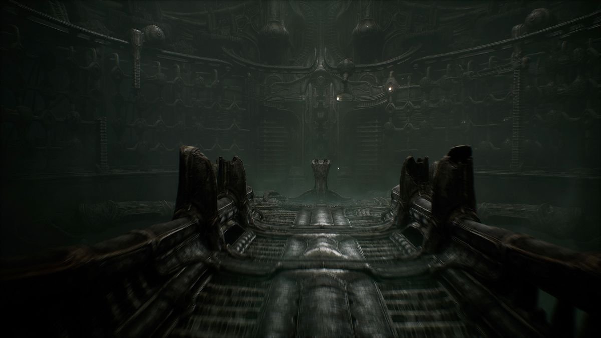 A strange podium device rests as the end of a gothic hallway in Scorn