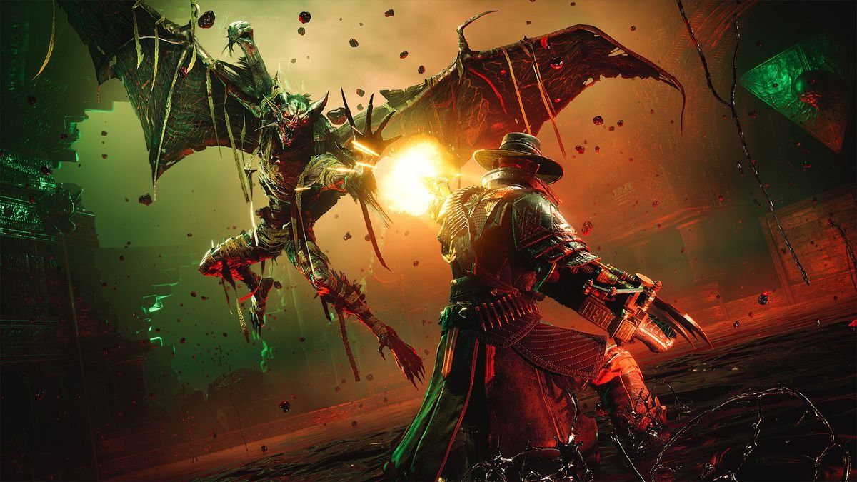Cowboy Jesse takes aim at a flying harpie enemy in Evil West, as it swoops down to claw him