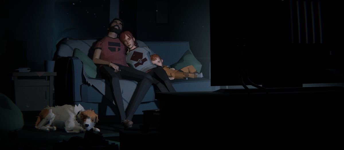 A millennial-aged father, mother, son, and dog sleep on the couch in front of a glowing TV in Somerville.