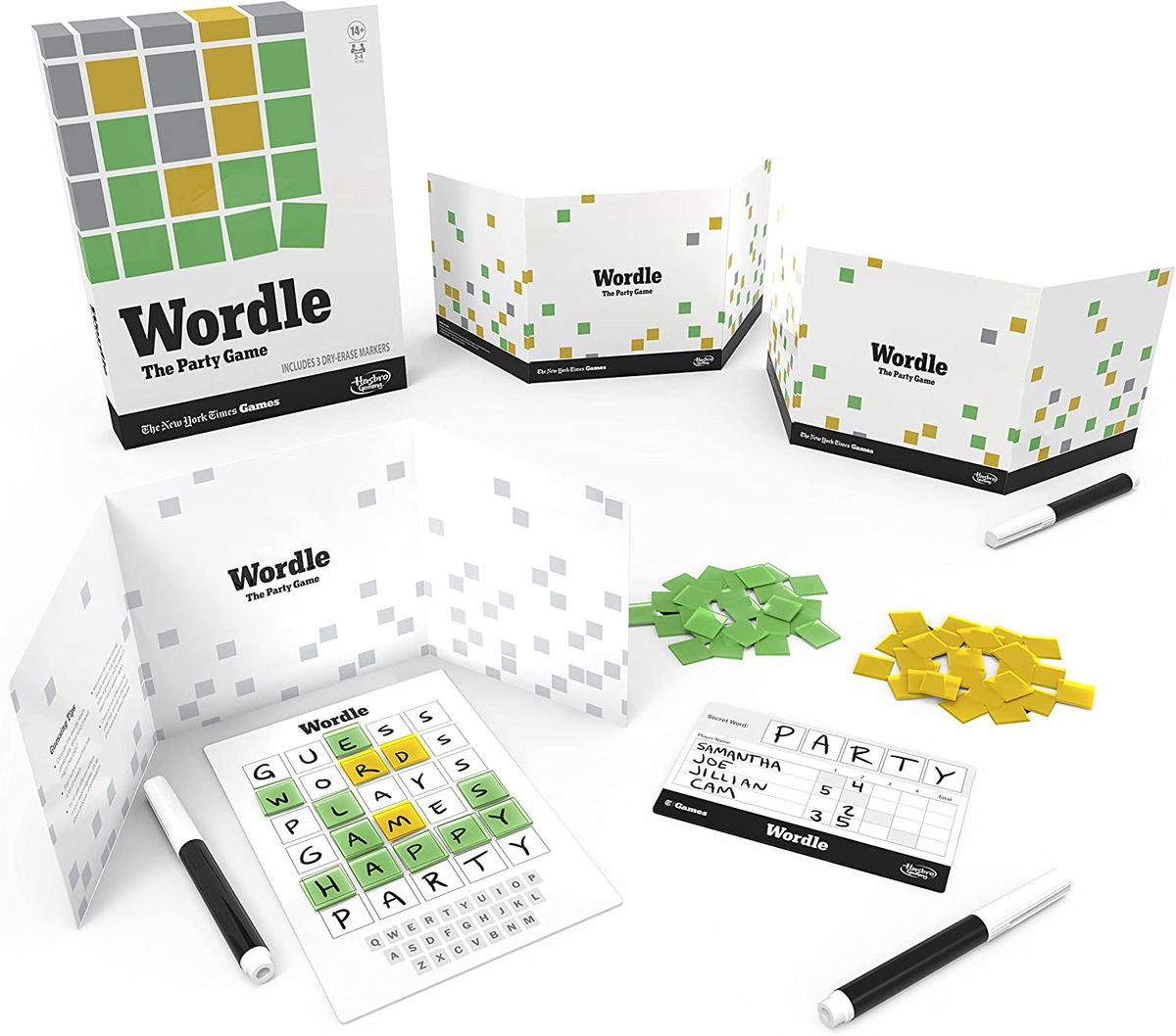 The components for Wordle: The Party Game include three shields, three play boards, three dry erase markers, and a collection of transparent green and yellow squares. There is also a box to hold them all.