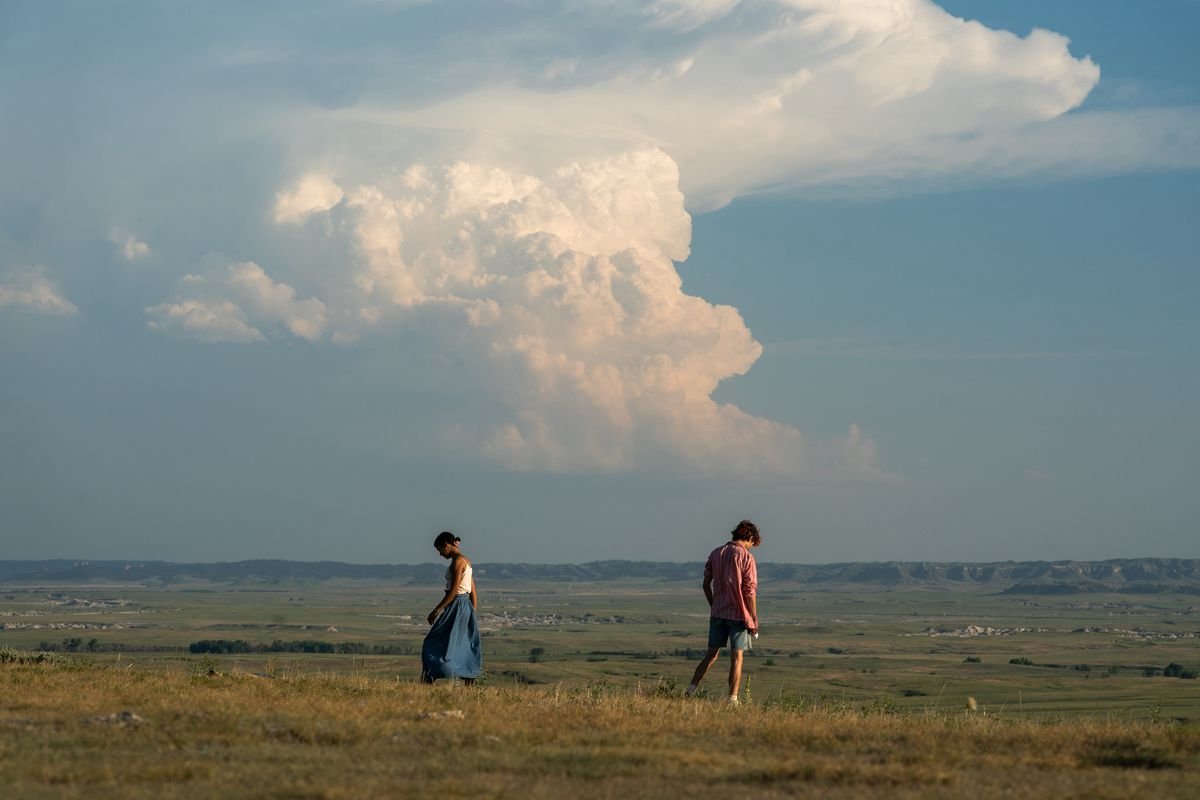 Lee (Timothée Chalamet) and Maren (Taylor Russell) stand in a wide green field under a broad, bright blue sky filled with fluffy white clouds in Bones and All