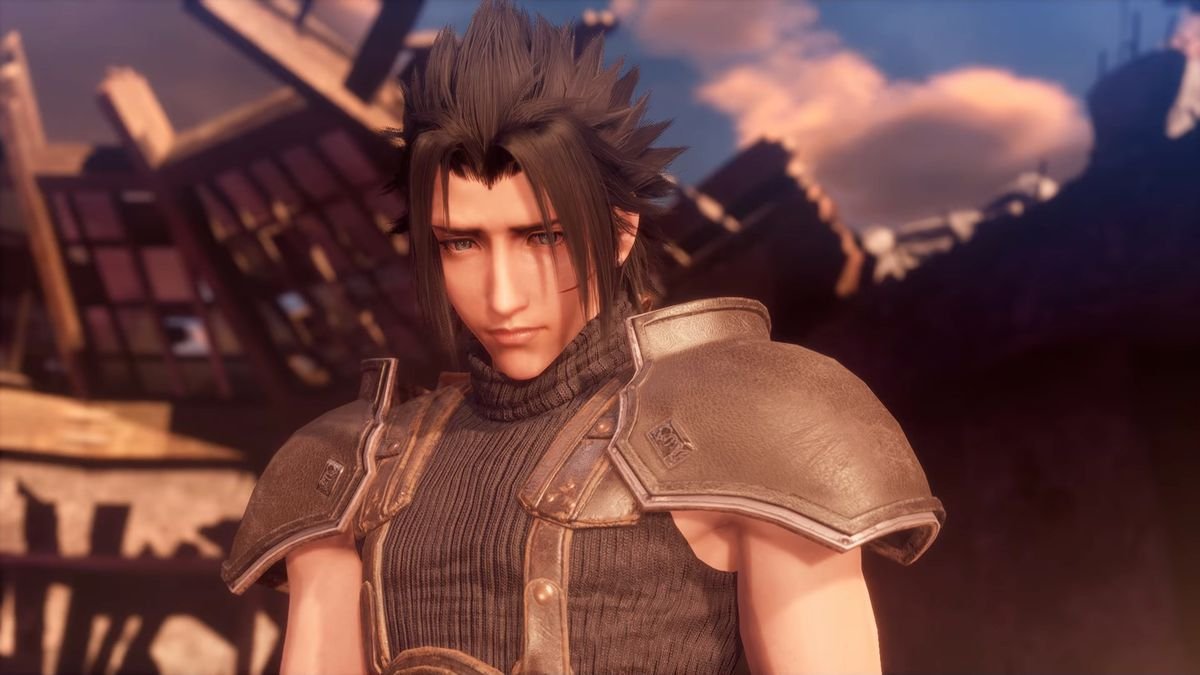 Zack Fair, the protagonist of Crisis Core: Final Fantasy 7 Reunion, looks below the camera as the sun covers him from the front