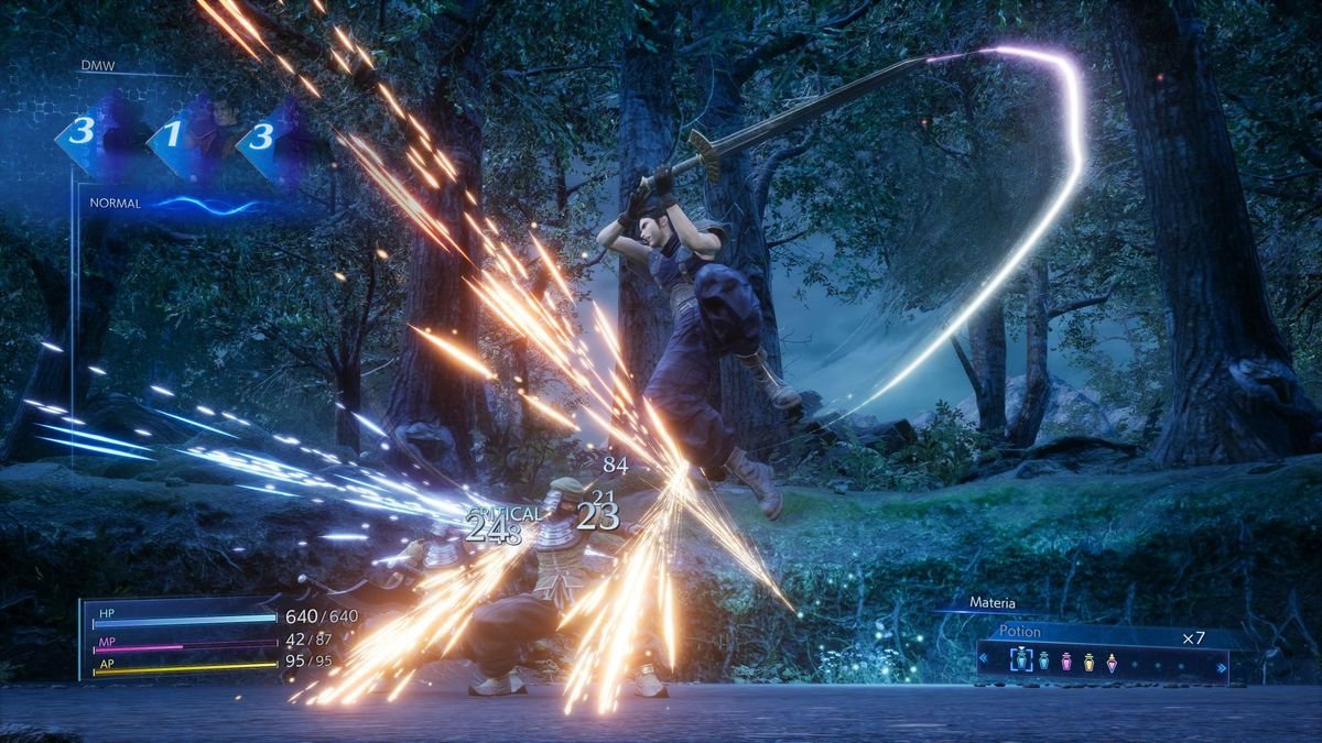 Zack Fair uses a leaping attack with his sword in combat in Crisis Core: Final Fantasy 7 Reunion
