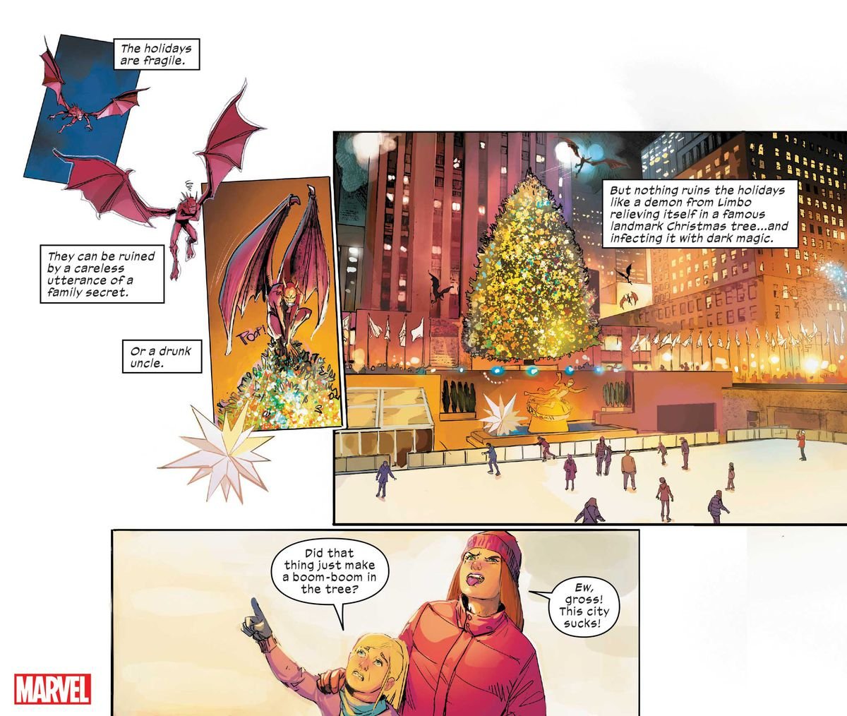 In several panels, a demon swoops down and poops on the Rockefeller Center Christmas tree, as a mother and son watch from below