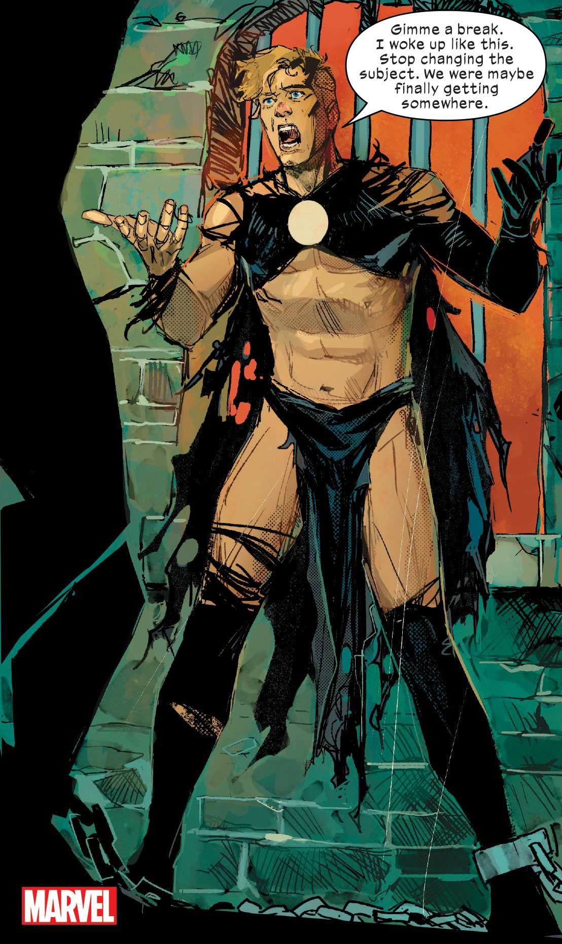 Havok in shredded black robes standing in front of prison bars saying, “Gimmie a break. I woke up like this. Stop changing the subject. We were maybe finally getting somewhere.”