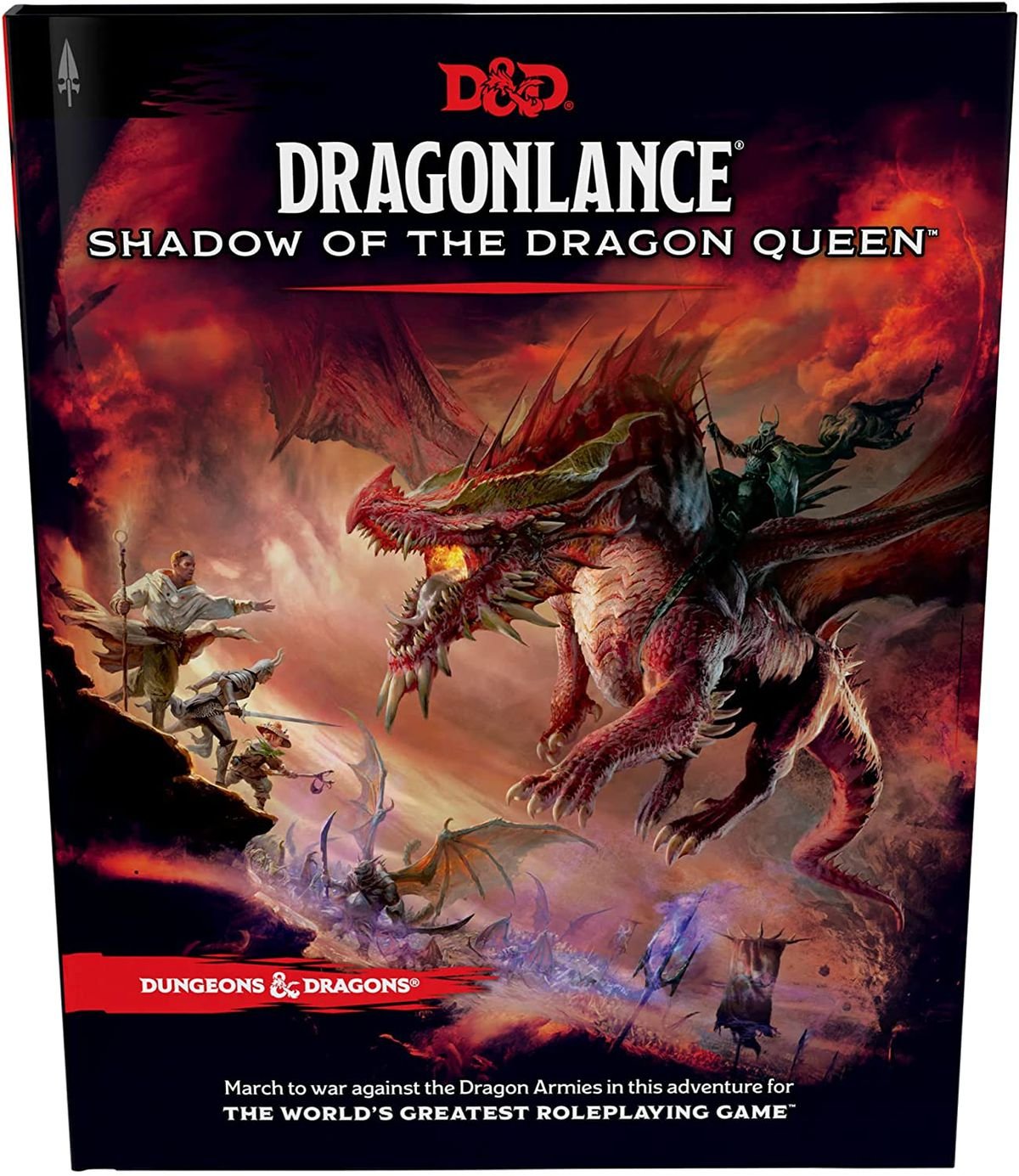 Cover art for Dragonlance: Shadow of the Dragon Queen shows a dragon with a rider hovering next to a cliff face where a party of adventurer’s waits.