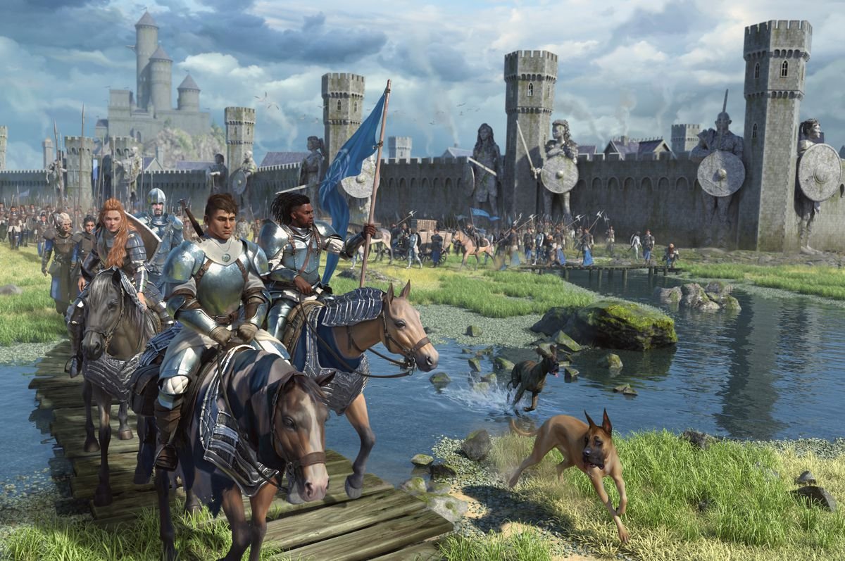 A column of Solamnic knights marches to war on a bright, sunny day.