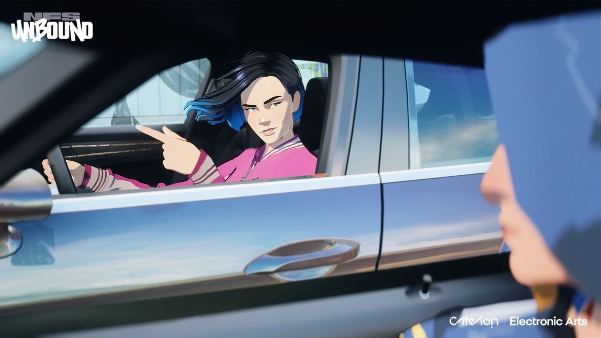 One street racer, seen from the passenger side of another, points her finger to issue a race challenge. The racers are cel-shaded characters while the cars are photorealistic.