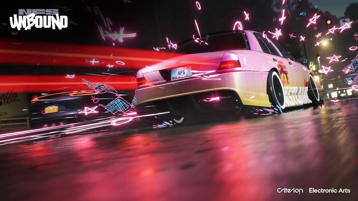 Close up rearview shot of a racing car highlight the stylish graffiti and lighting effects that are part of Need for Speed Unbound