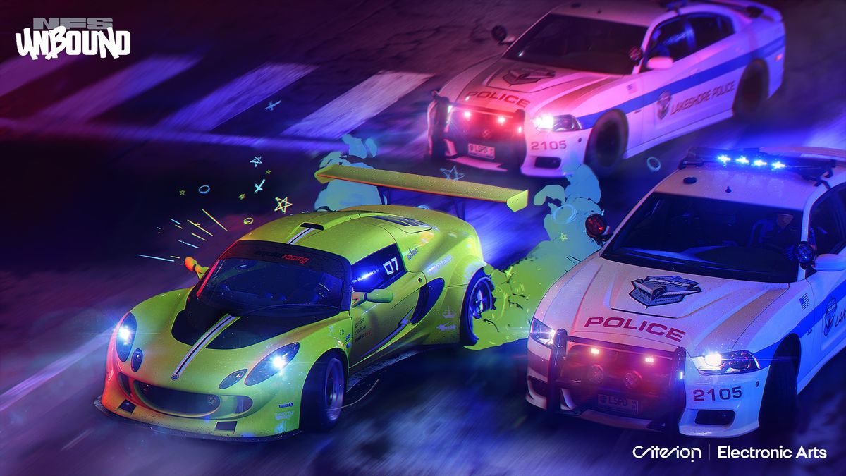A yellow Lotus Exige is pursued by two police cars, with blue lights flashing, in Need for Speed Unbound