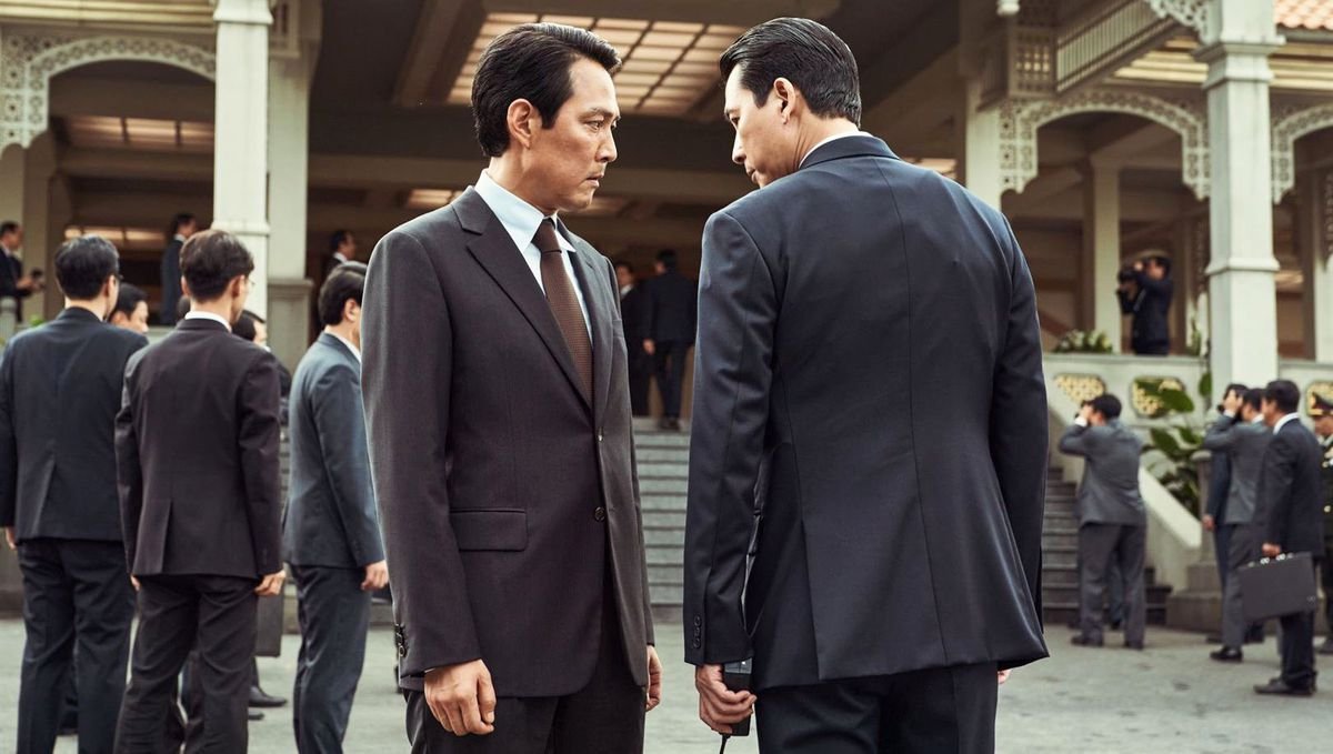 Rival KCIA chiefs Park (Lee Jung-jae) and Kim (Jung Woo-sung), both wearing dark suits, stand facing each other and glowering in front of a towering building surrounded by more dark-suited agents in Hunt