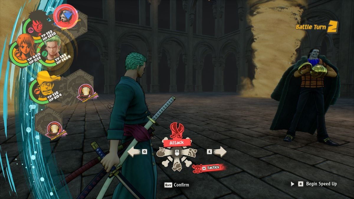 Roronoa Zoro prepares his next attack during a turn-based battle in One Piece Odyssey
