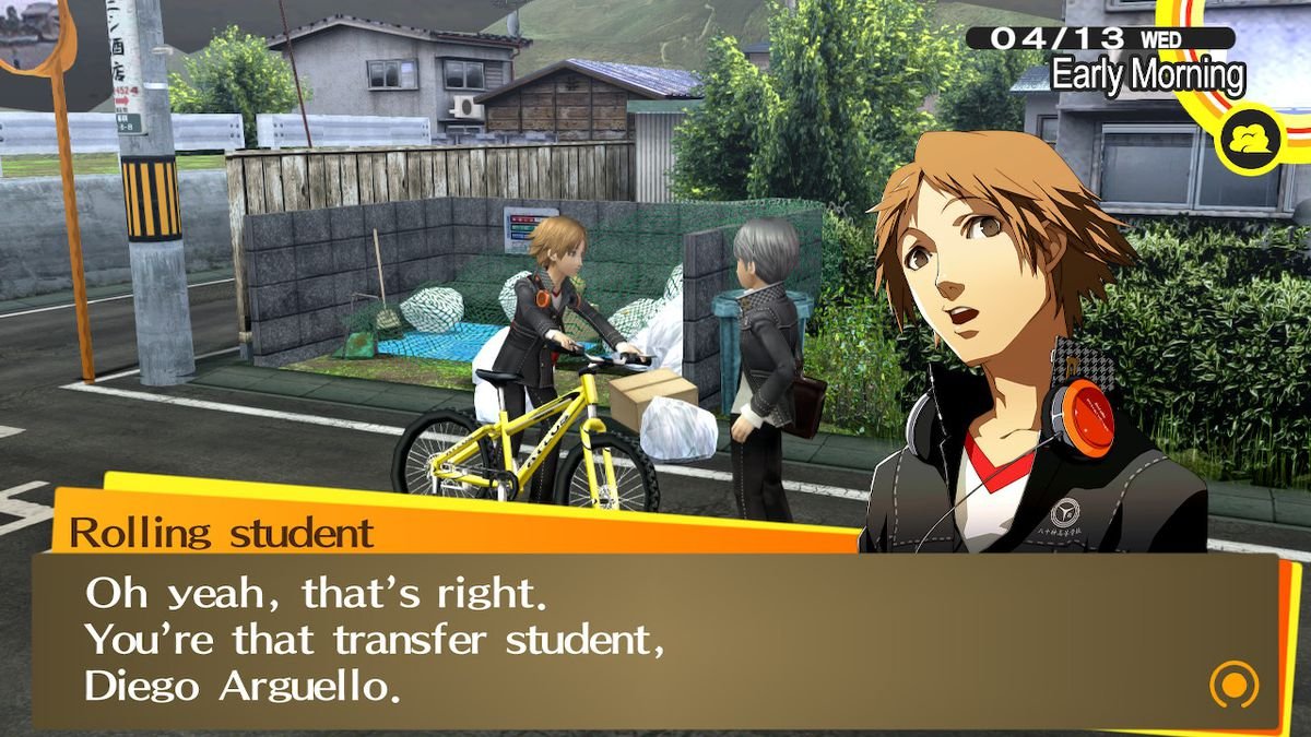 The protagonist meets Yosuke while he’s riding a bicycle in Persona 4 Golden on Nintendo Switch
