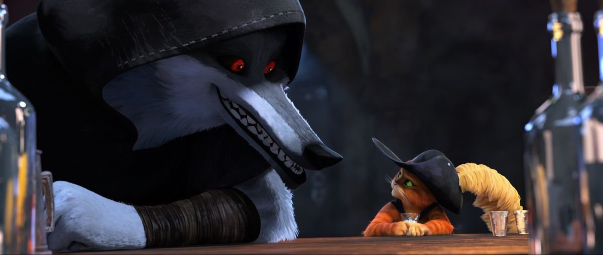 Wolf talks to Puss at the bar while Puss drinks milk
