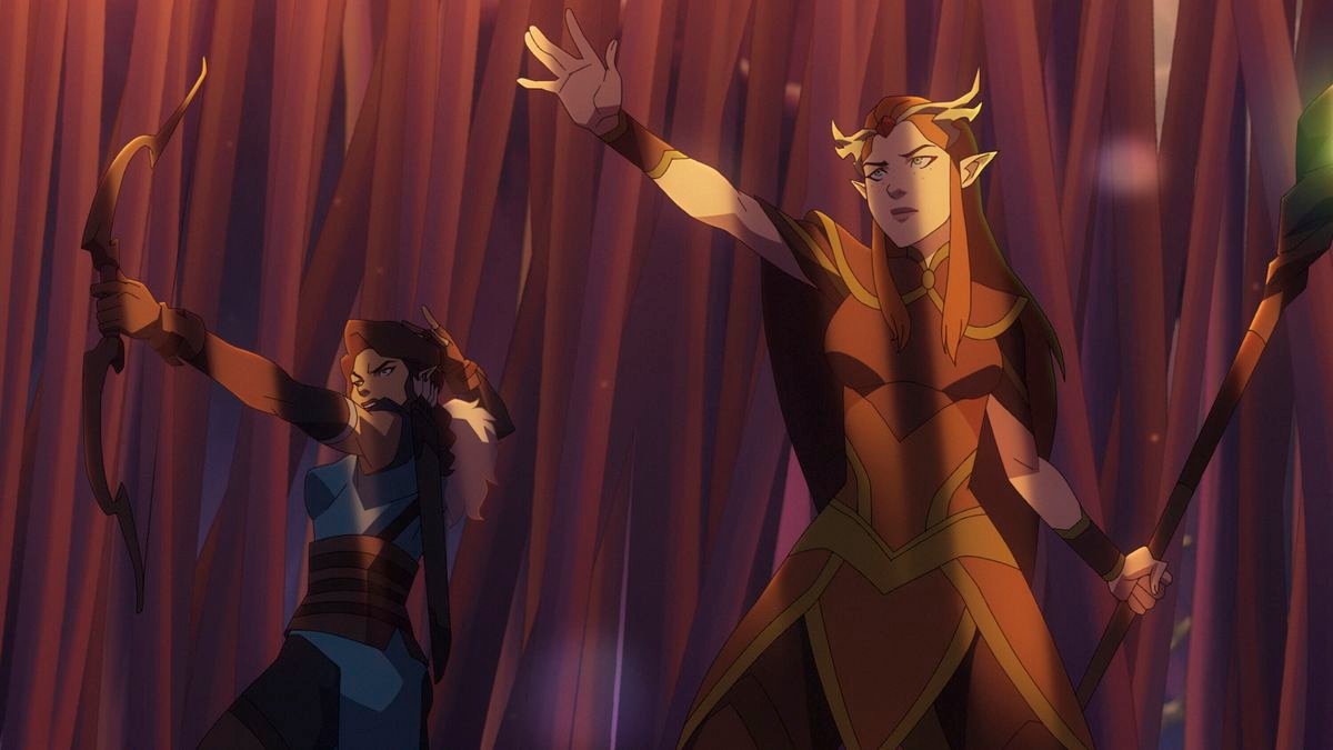 a half-elf druid with long red hair holds her arm up, about to unleash a spell; next to her, a brunette half-elf ranger holds up her bow; they appear to be in a strange pinkish forest
