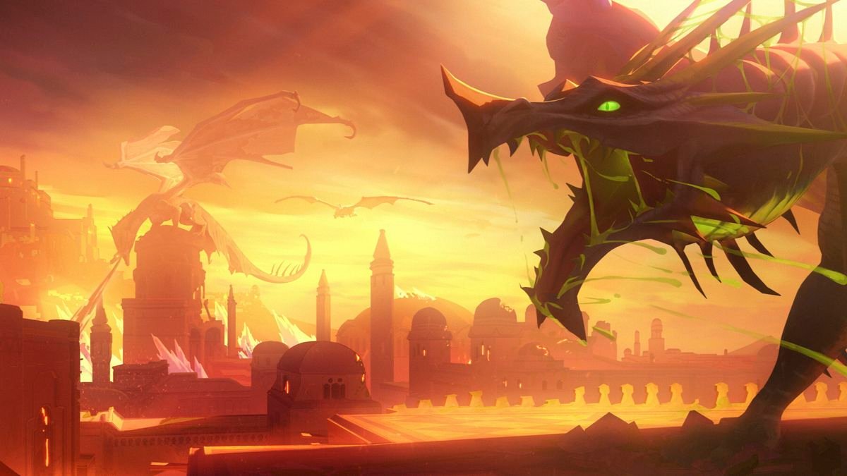 A dragon in the foreground screeching, with two other dragons in the background conquering a cityscape in a still from The Legend of Vox Machina season 2