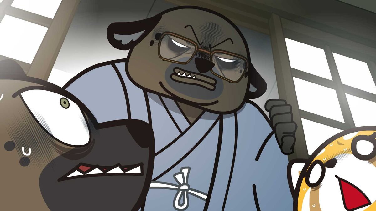 haida’s overbearing father, a large hyena in a robe, stares down angrily at haida and retsuko, who both look up fearfully