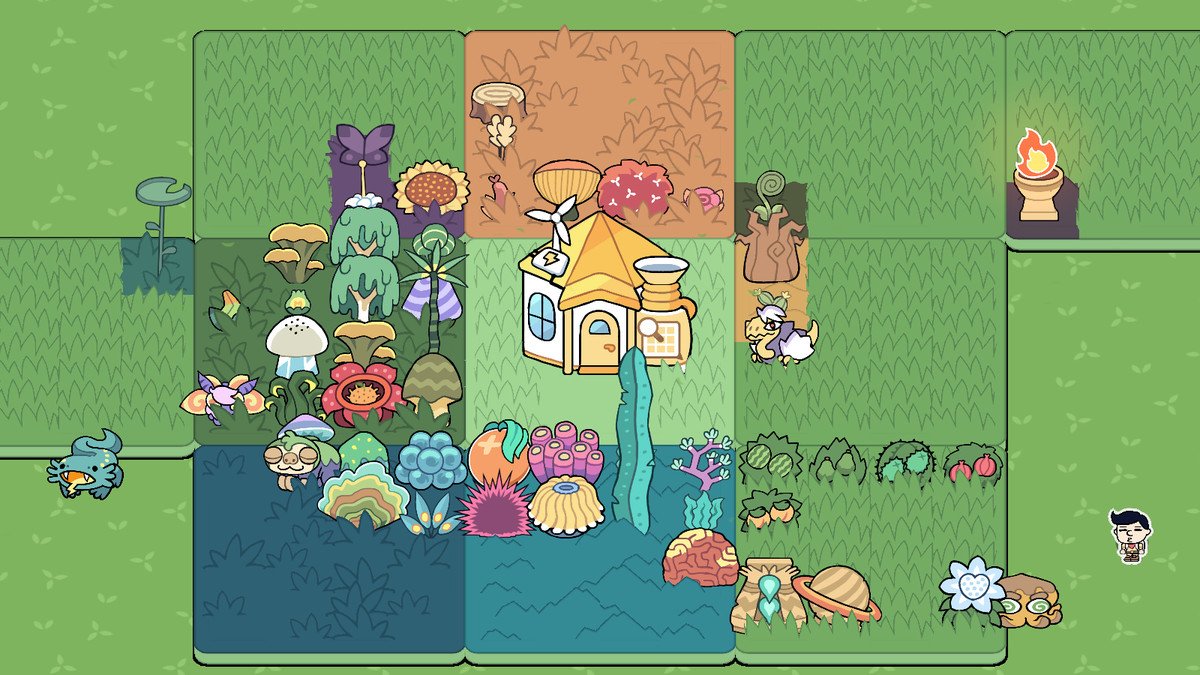 Base camp filled with various plants, bushes, totems, a golden house and animals in Patch Quest.