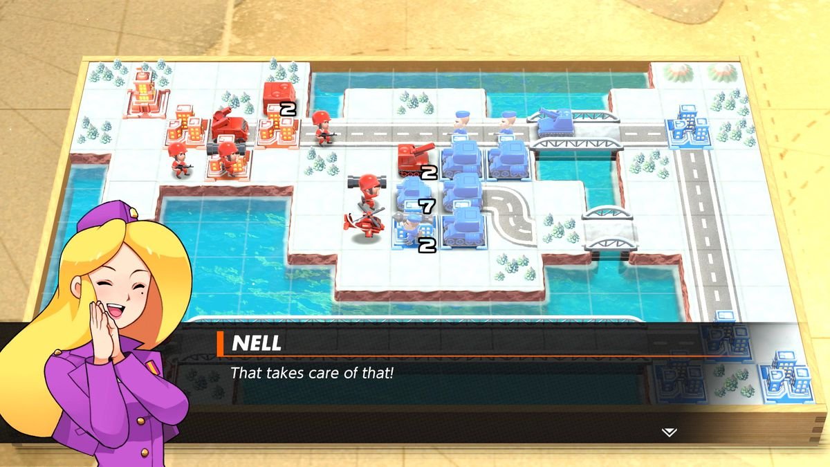 Commander Nell says “That takes care of that!” in a snowy battle scene from Advance Wars 1+2: Re-Boot Camp