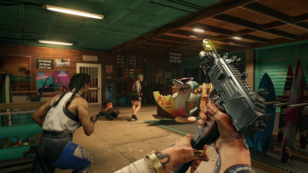 The protagonist reloads an uzi in an outdoor sports store crawling with zombies in Dead Island 2