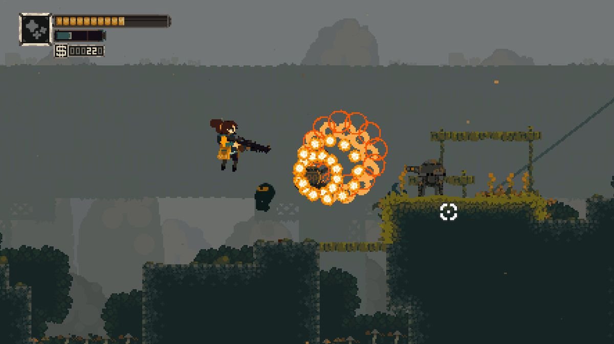 Fern, the main character in Rusted Moss, avoids a blast of 2D bullets in this 2D platforming game.