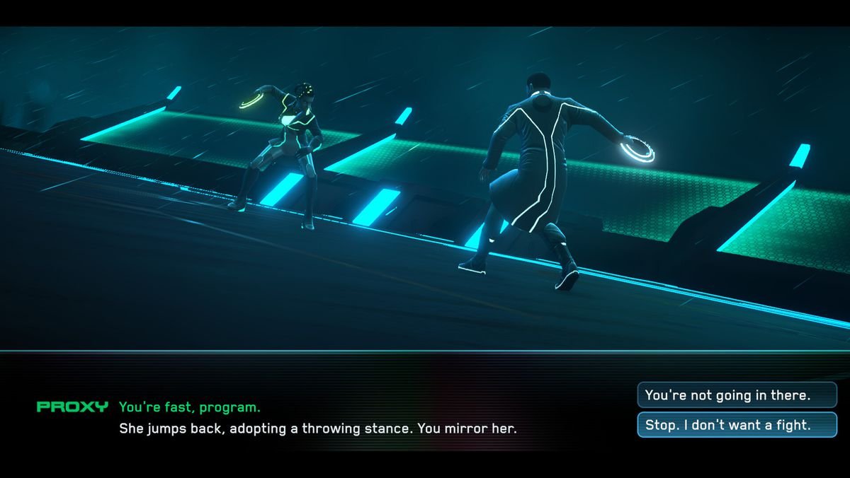 A screenshot from Tron: Identity, featuring Proxy  and Query facing off in a light-disc duel.