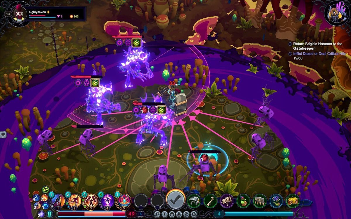 The Weaver and the Obelisk combine their Thread and Tank abilities during a colorful battle in Inkbound