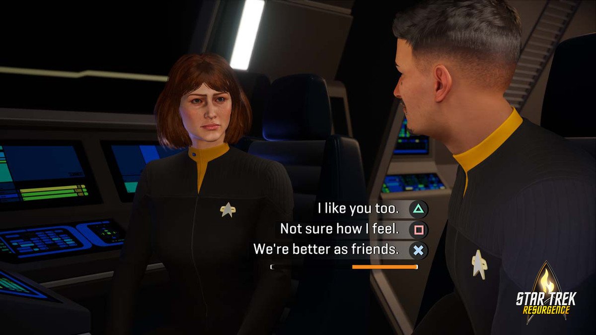 Carter speaks to a crew member while she’s at her terminal, and a choice prompt comes up with PlayStation buttons in Star Trek Resurgence