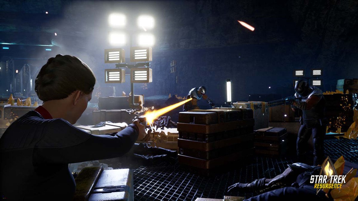 Jara fires her gun at an enemy taking cover behind a crate on a dock-like platform in Star Trek Resurgence