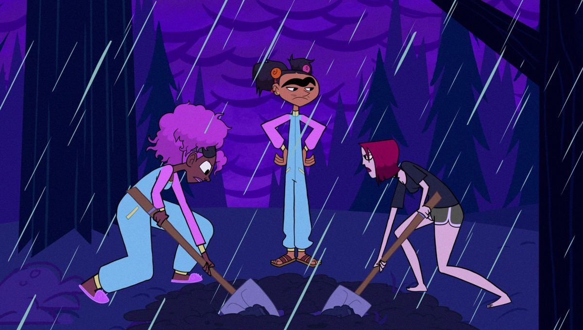 Harriet and Joan digging in the rain in their PJs while Frida looks on (also in her PJs)