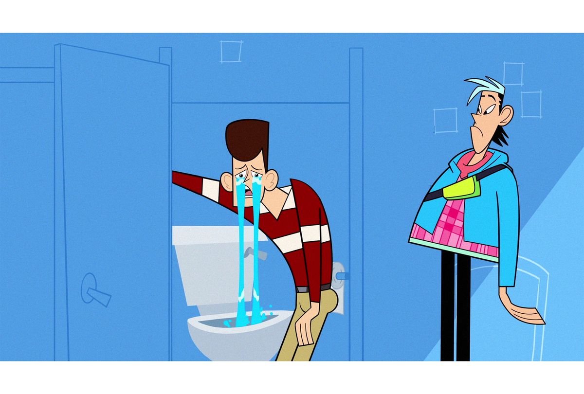 JFK crying with his tears streaming into a toilet while Confucius looks on sort of confused