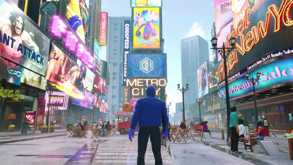 A fighter looks out at a Times Square-like plaza in Street Fighter 6’s Metro City area in World Tour mode