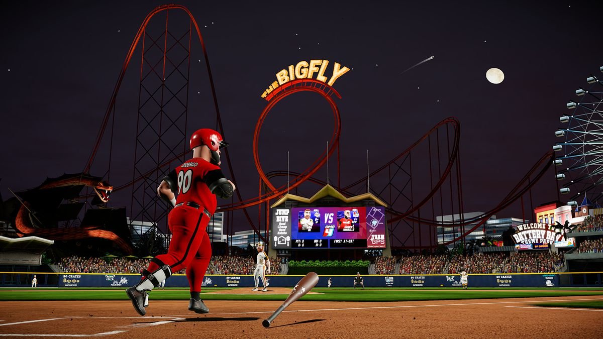 Hammer Longballo begins his base run after hitting a homer in Super Mega Baseball 4
