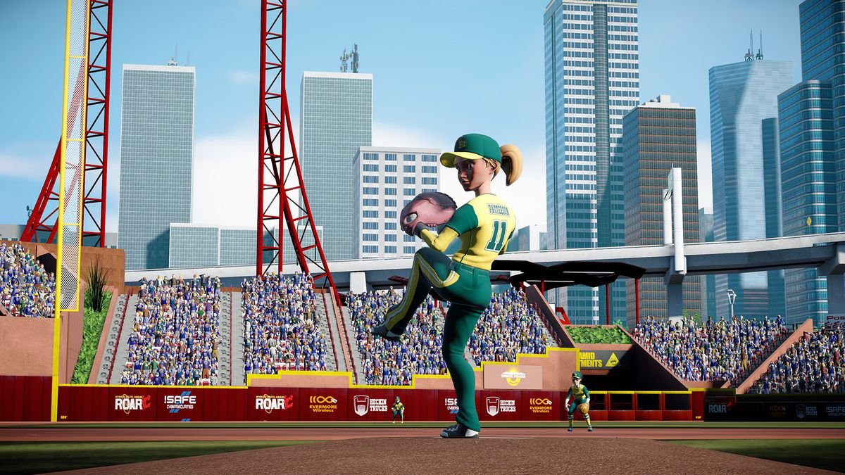 SUP FOUR EYES jk here’s the real alt text: A pitcher named Patterson, in a green and yellow uniform, prepares to throw out a pitch in Super Mega Baseball 4