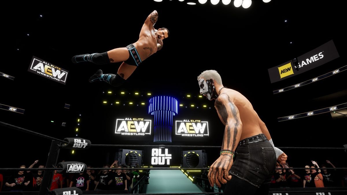 Wrestler CM Punk in mid-air, about to hammer punch a dazed Darby Allen in AEW Fight Forever