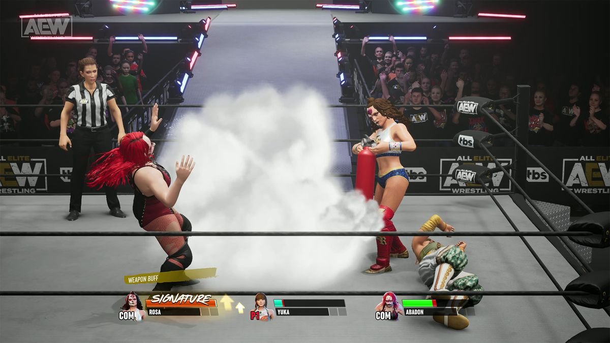 Thunder Rosa uses a fire extinuisher to stun Abadon while Yuka Sazaki lies nearby in AEW Fight Forever