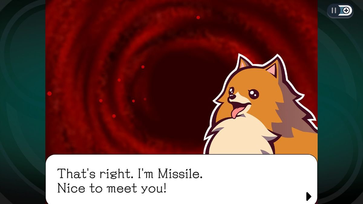 Missile, a ghost dog character in Ghost Trick: Phantom Detective, wags his tongue out while standing in front of a swirly red background, saying: “That’s right. I’m Missile. Nice to meet you!”