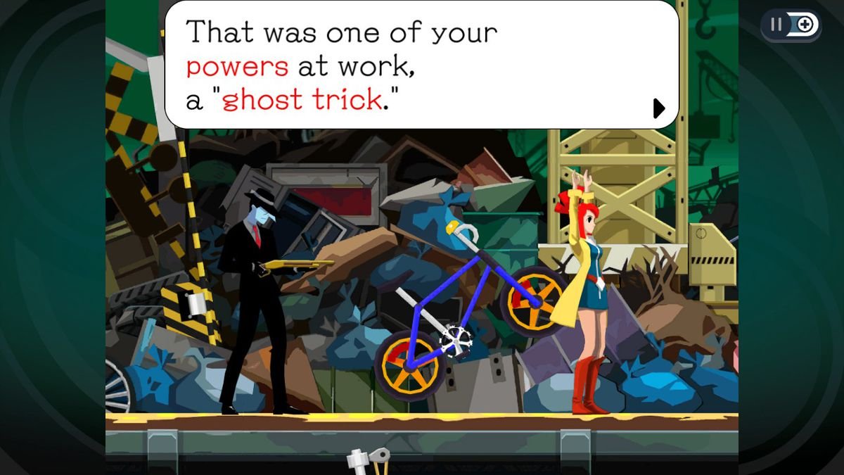 A blue-skinned, suit-wearing man with a shotgun aims it at a pale redhead woman, facing away from him with her hands up. In the background, there’s a huge pile of junk and garbage