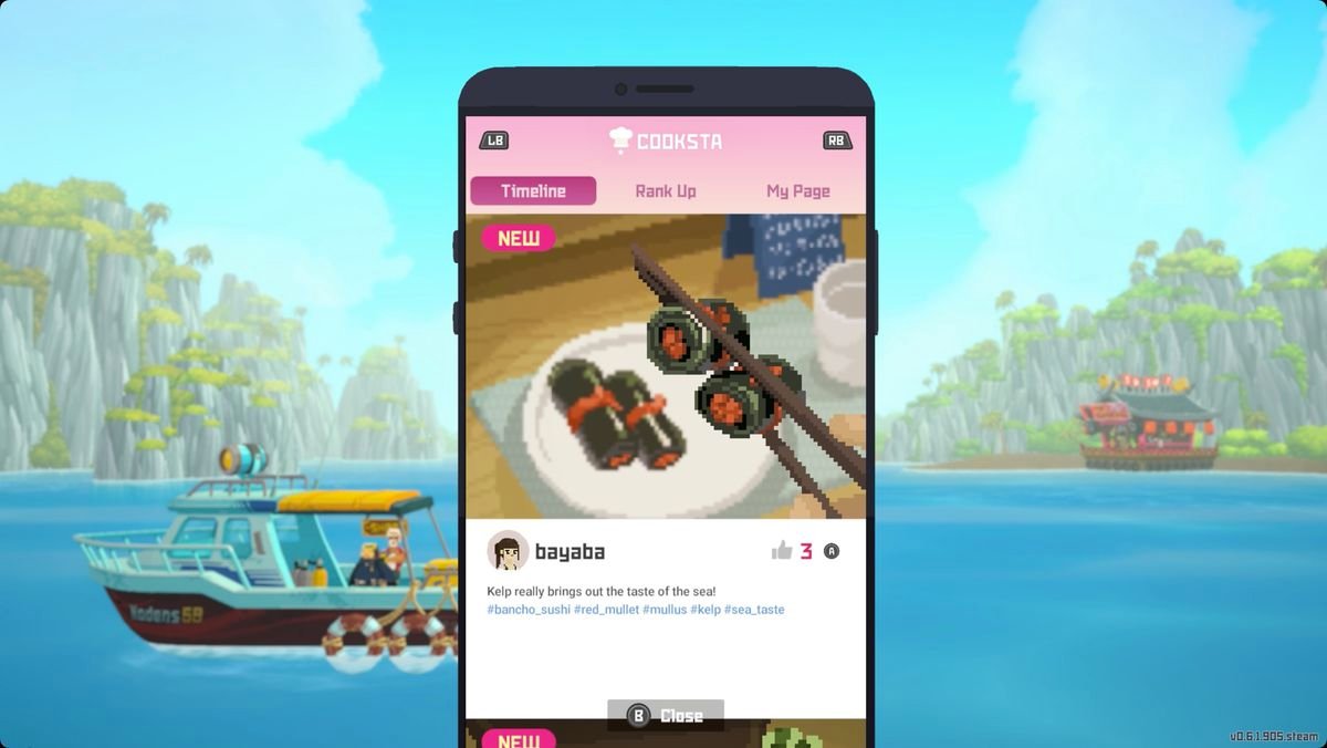 Dave the Diver’s Instagram-like mobile phone app Cooksta with a post about sushi