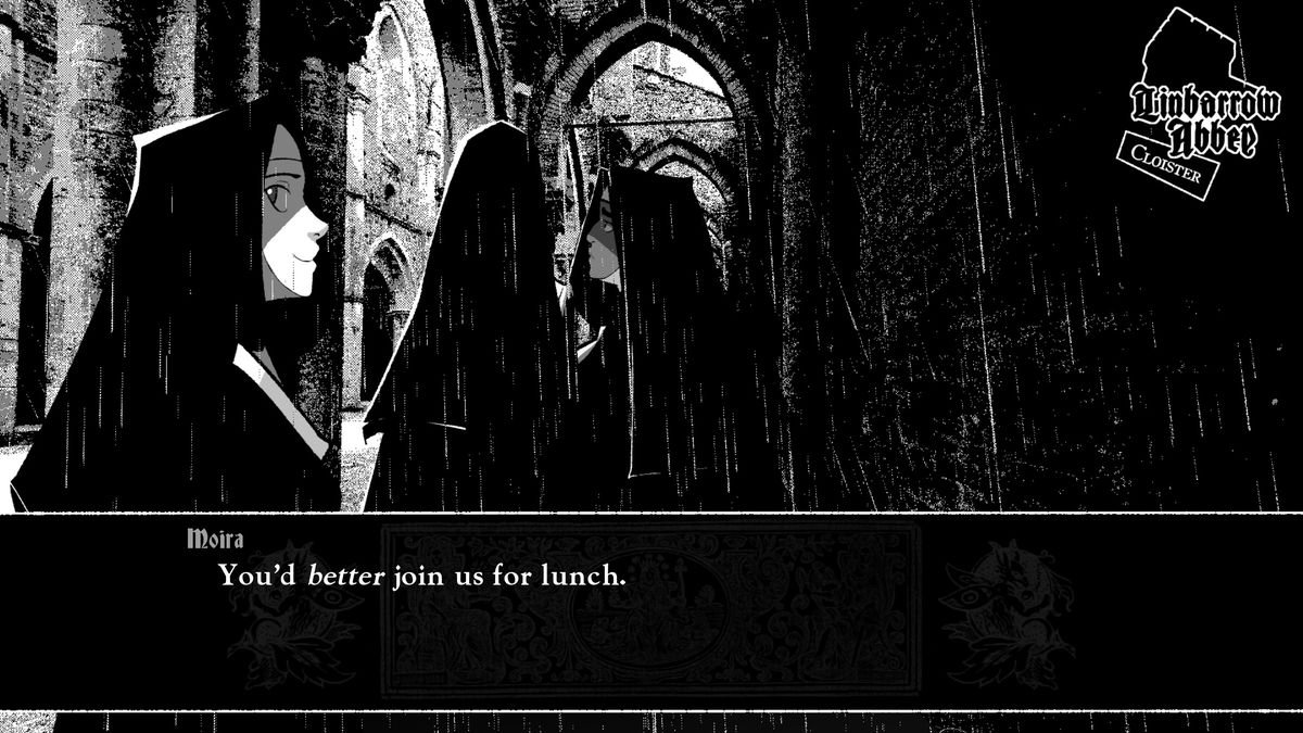 Moira looks askance as she walks between convent buildings in Misericorde, saying, “You’d better join us for lunch.” Rain pours down around her and the other nuns in the background.