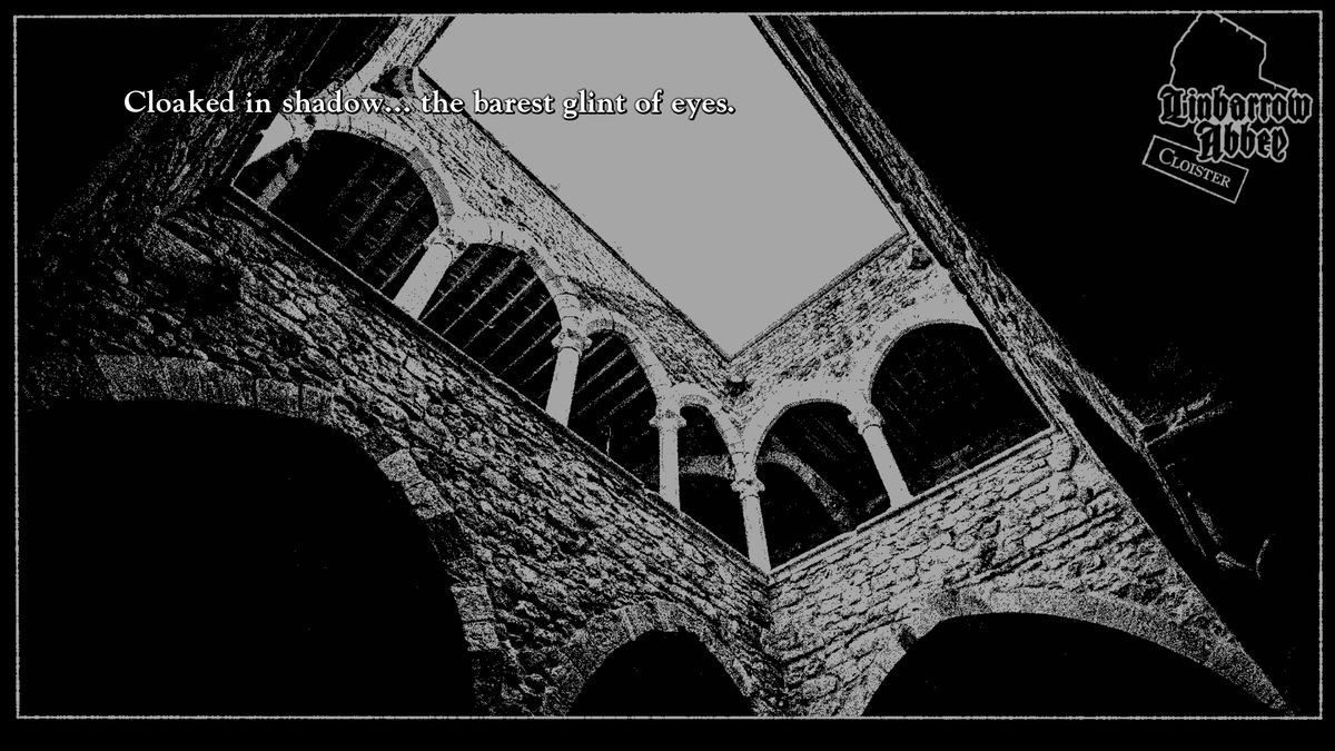 Hedwig looks up and sees a cloaked figure staring at her from an upstairs passageway in the convent. The image is captioned with Hedwig’s internal monologue: “Cloaked in shadow... the barest glint of eyes.”