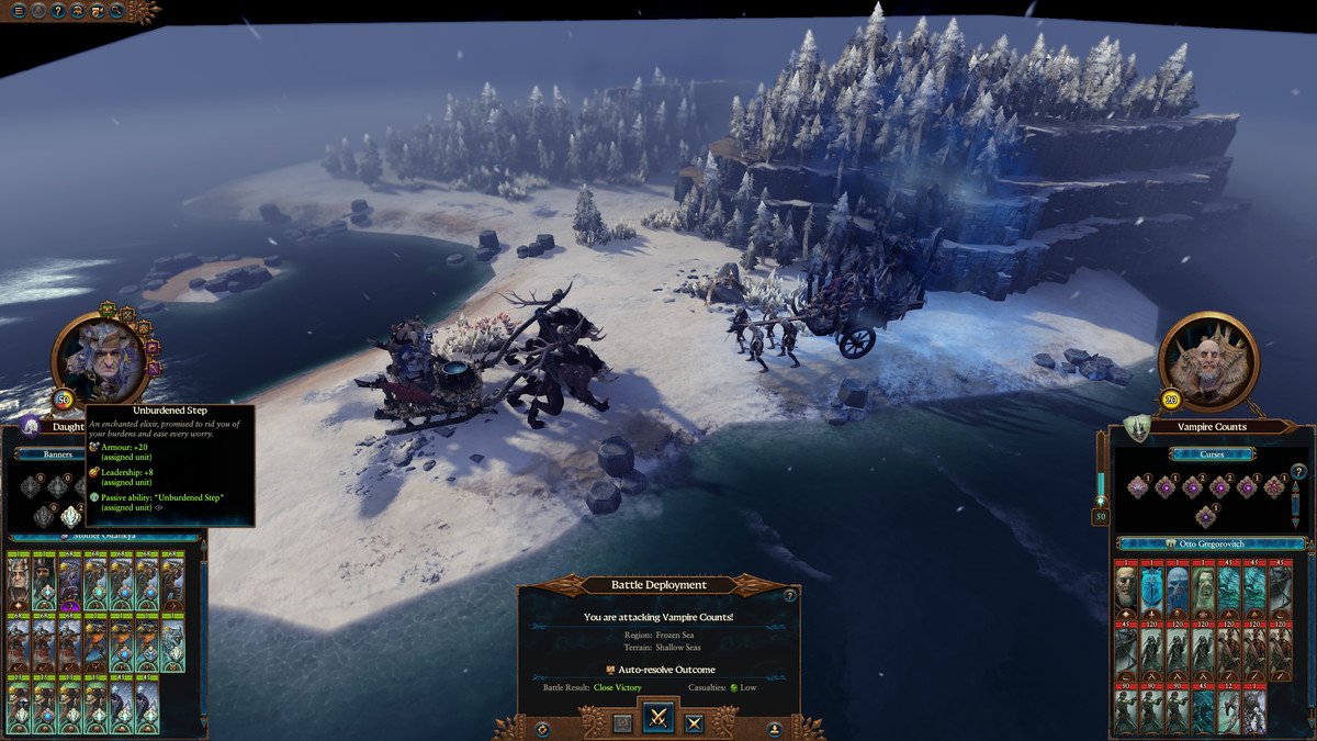 Assigning Incantations and Hexes on the pre-battle screen for Mother Ostankya’s fight against an army of Vampire Counts in Total War: Warhammer 3 Shadows of Change