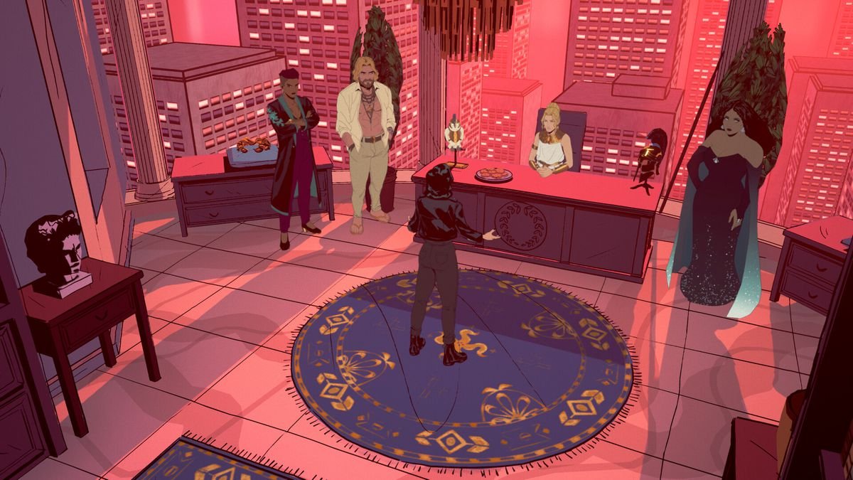 The singer Grace pleads her case in the skyscraper office of modern Greek gods in Stray Gods