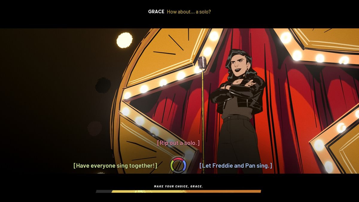 Grace, the singer in Stray Gods, has an improvisation choice during an onstage performance