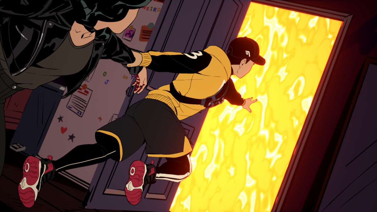 A character in yellow and black sportswear pulls the singer Grace through a door of glowing energy in Stray Gods