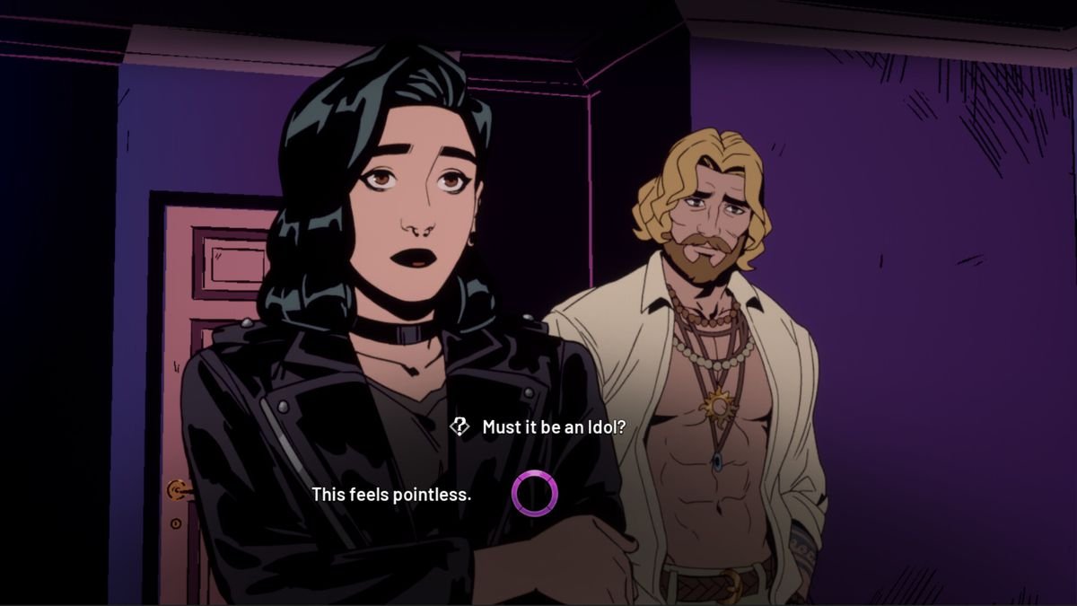A character with long blond hair peers over Grace’s shoulder while she makes a dialogue choice in Stray Gods