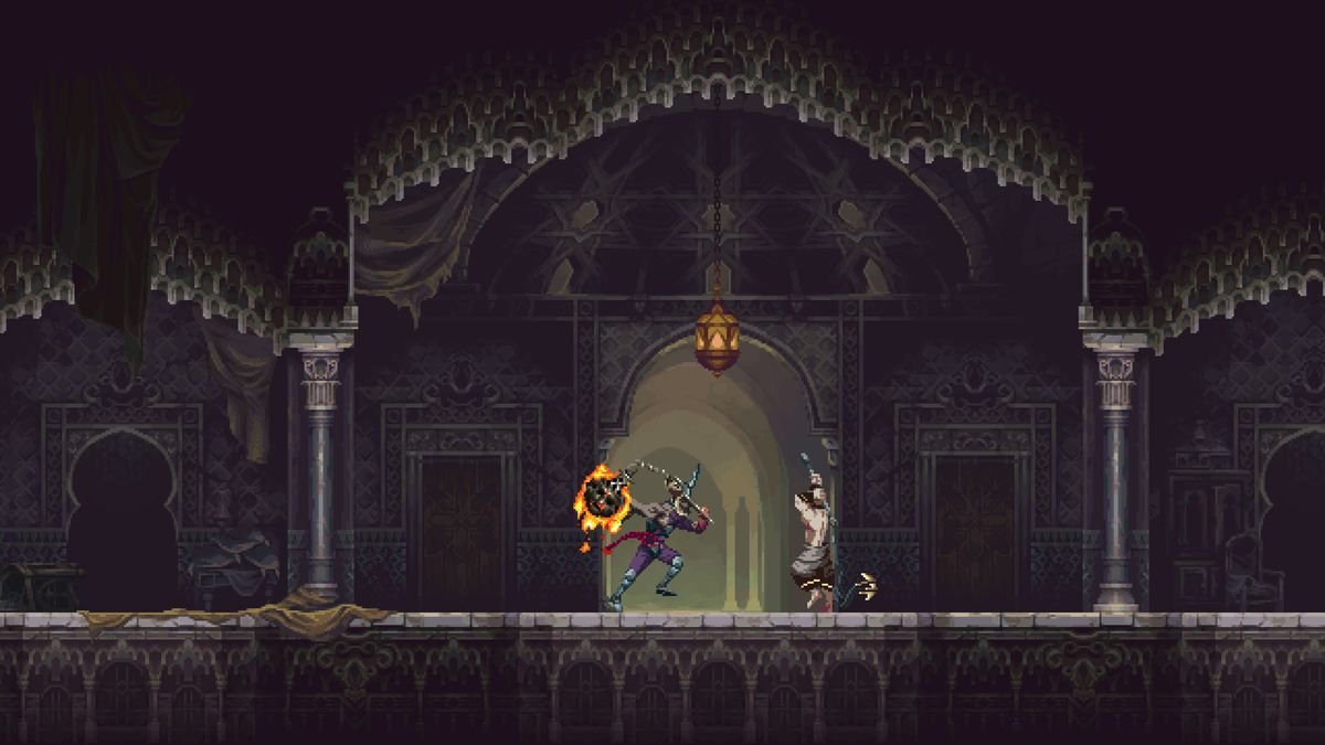 The Penitent One wields a flaming flail weapon against an enemy within a cathedral-esque area in Blasphemous 2