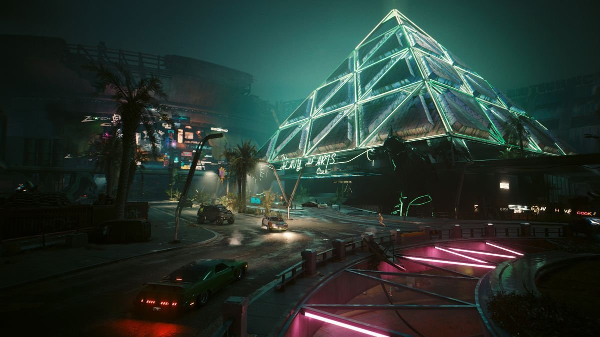 A neon-lit pyramid-shaped building in Dogtown, the new district introduced in Cyberpunk 2077’s Phantom Liberty expansion.