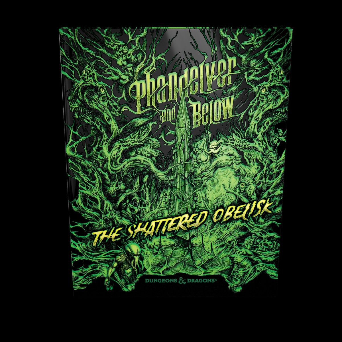 A bright, shiny green covers with a black background. The details show The Shattered Obelisk itself, plus many other elements of the Phandelver and Below adventure for D&D’s 5th edition.